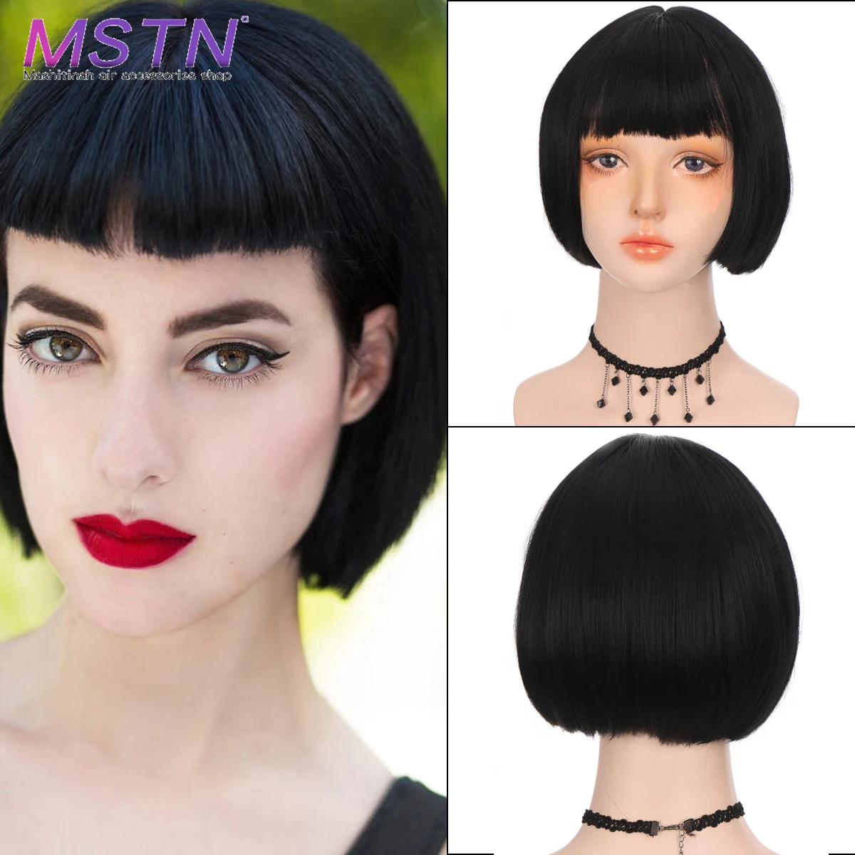 

MSTN Synthetic Short Straight Pink and Black Hair Wig Cosplay Wig Two Tone Ombre Color Women Synthetic Hair Wigs For Women