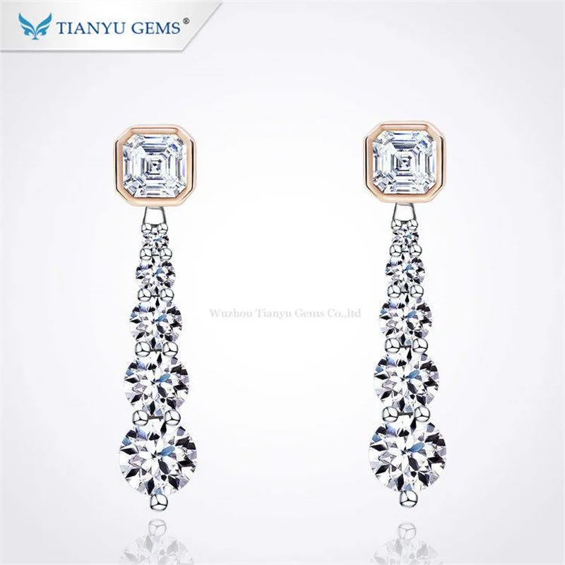 Tianyu Gems 4.46ct Diamonds Long Drop Earrings 5.1mm Asscher Real Gold 14K 18K Women Wedding 6mm Round Moissanite Dangle Earring