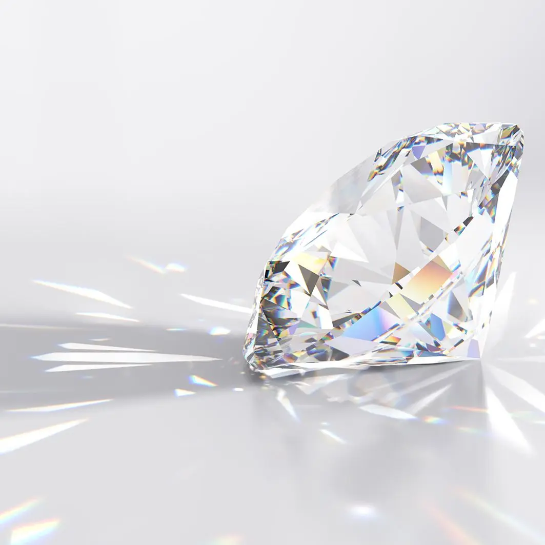 

Curtain Round Cut Diamond on White Glossy Background Light Shadow Caustics Rays Luxurious Art White
