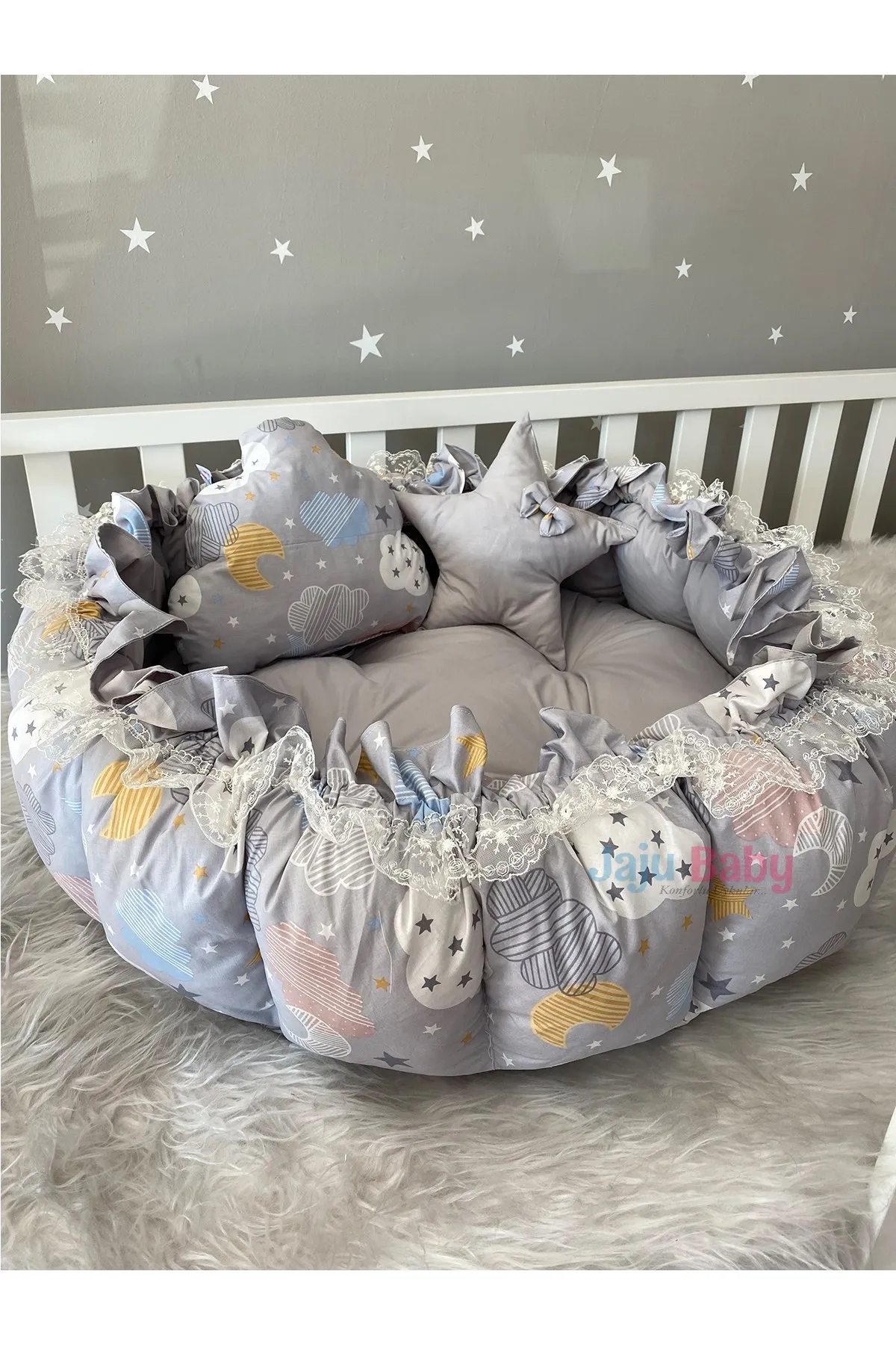 Jaju Baby Handmade Gray Mixed Cloud Pattern Design Retractable Play Mat Babynest Double-sided Use Baby Activity Portable Newborn