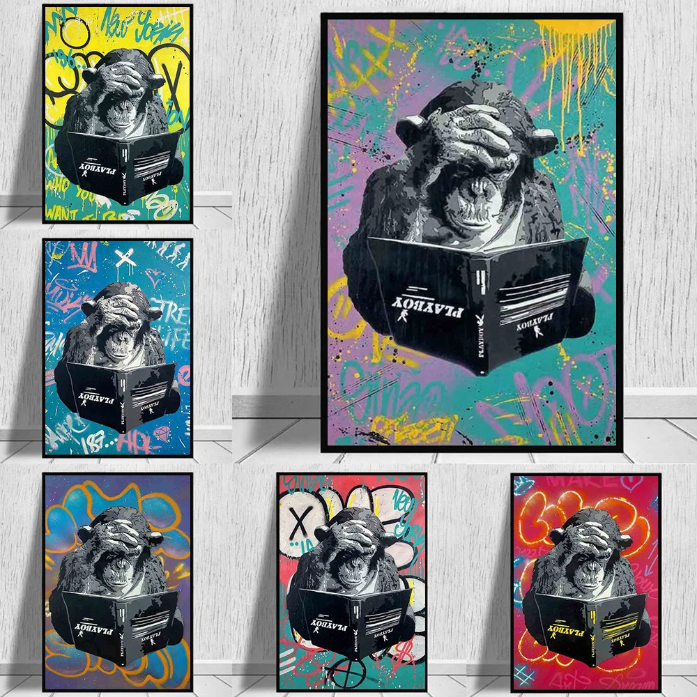 

Banksy Graffiti Art Painting Thinking Reading Monkey Posters Printed On Canvas Prints for Office Living Room Decoration Pictures