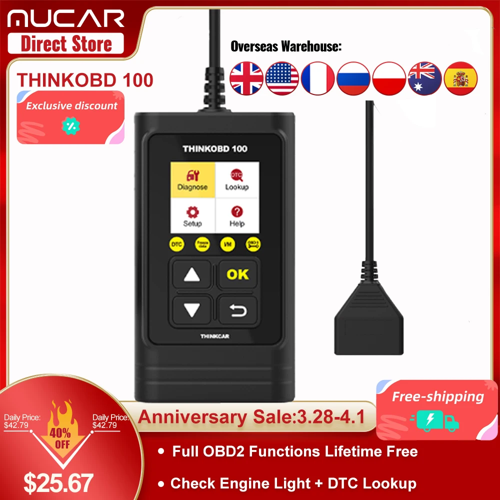 

THINKCAR THINKOBD 100 все функции OBD2 DTC поиск VIN сброс данных в реальном времени Диагностика освещения двигателя Автомобильный сканер диагностически...