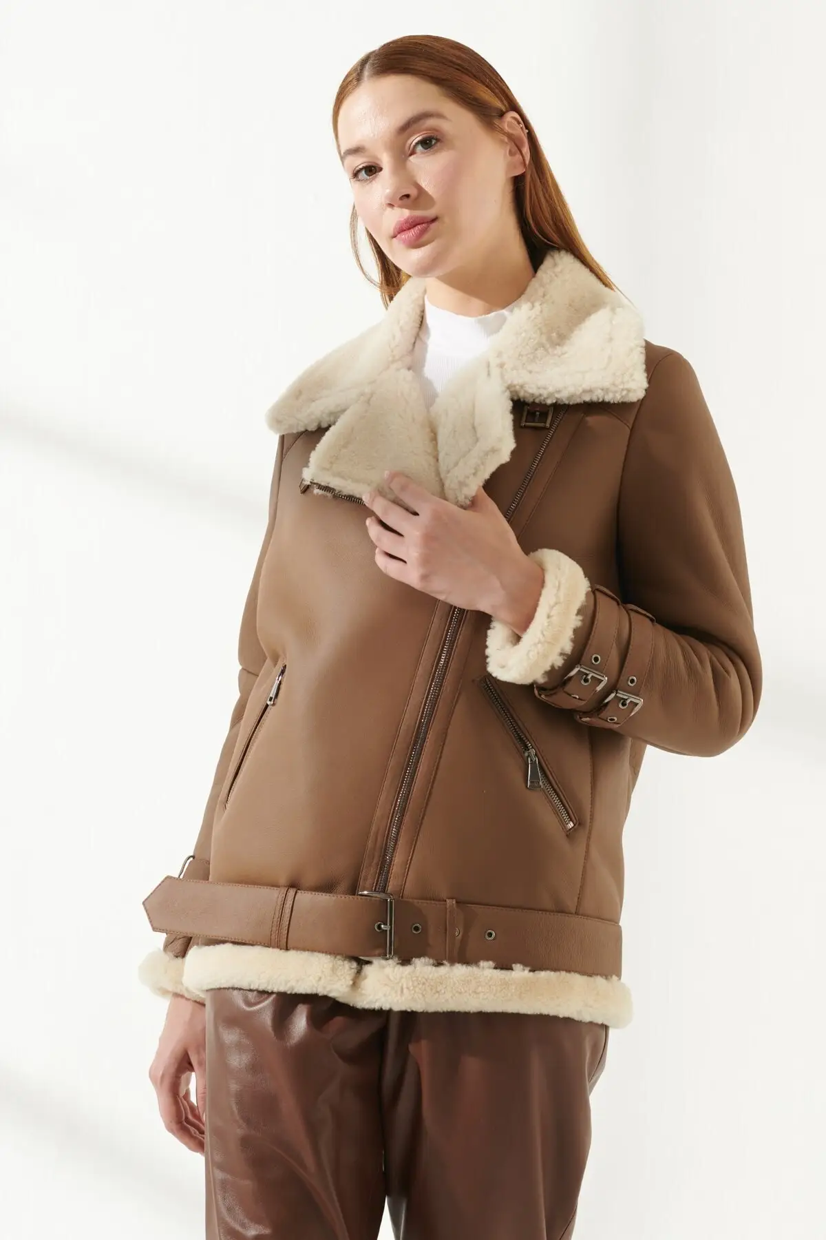 Women Fur Coat Wool Winter Brown And Burgundy Leather Jacket Genuine Sheepskin Slim Fit Biker Coats Keep Warm
