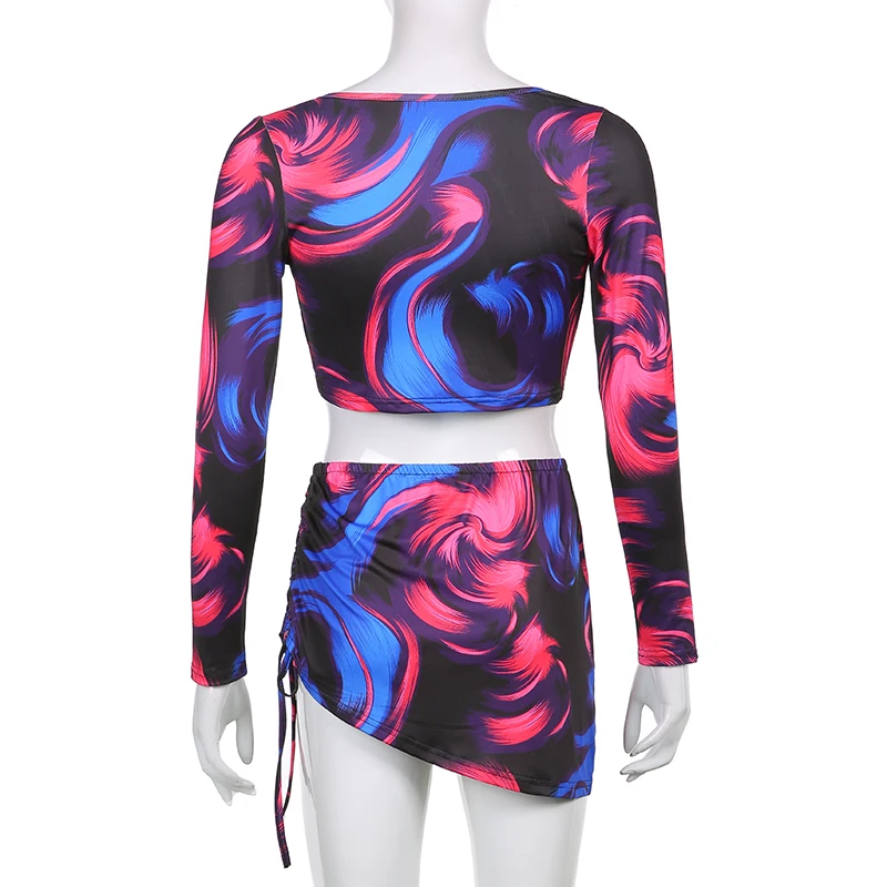 

CIBBAR Sexy Printed Drawstring Two Piece Sets Women Long Sleeve Crop Top And Bodycon Mini Skirt Suits Summer Vintage Streetwear