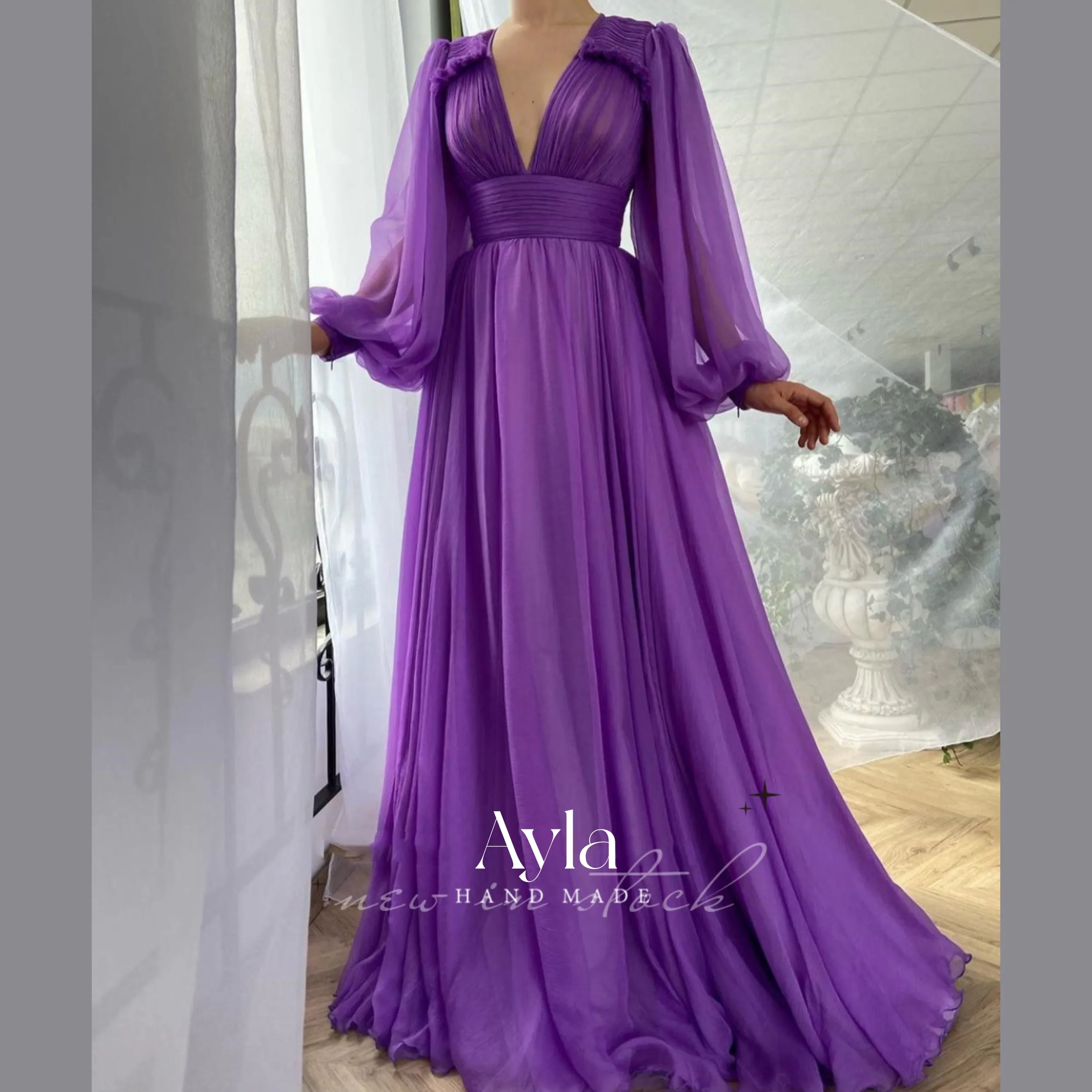 

Grace V-neck Chiffon Prom Dress Advanced Purple Evening Dress Tulle Sweep Train Homecoming Glitter Tulle Party Dress Robe