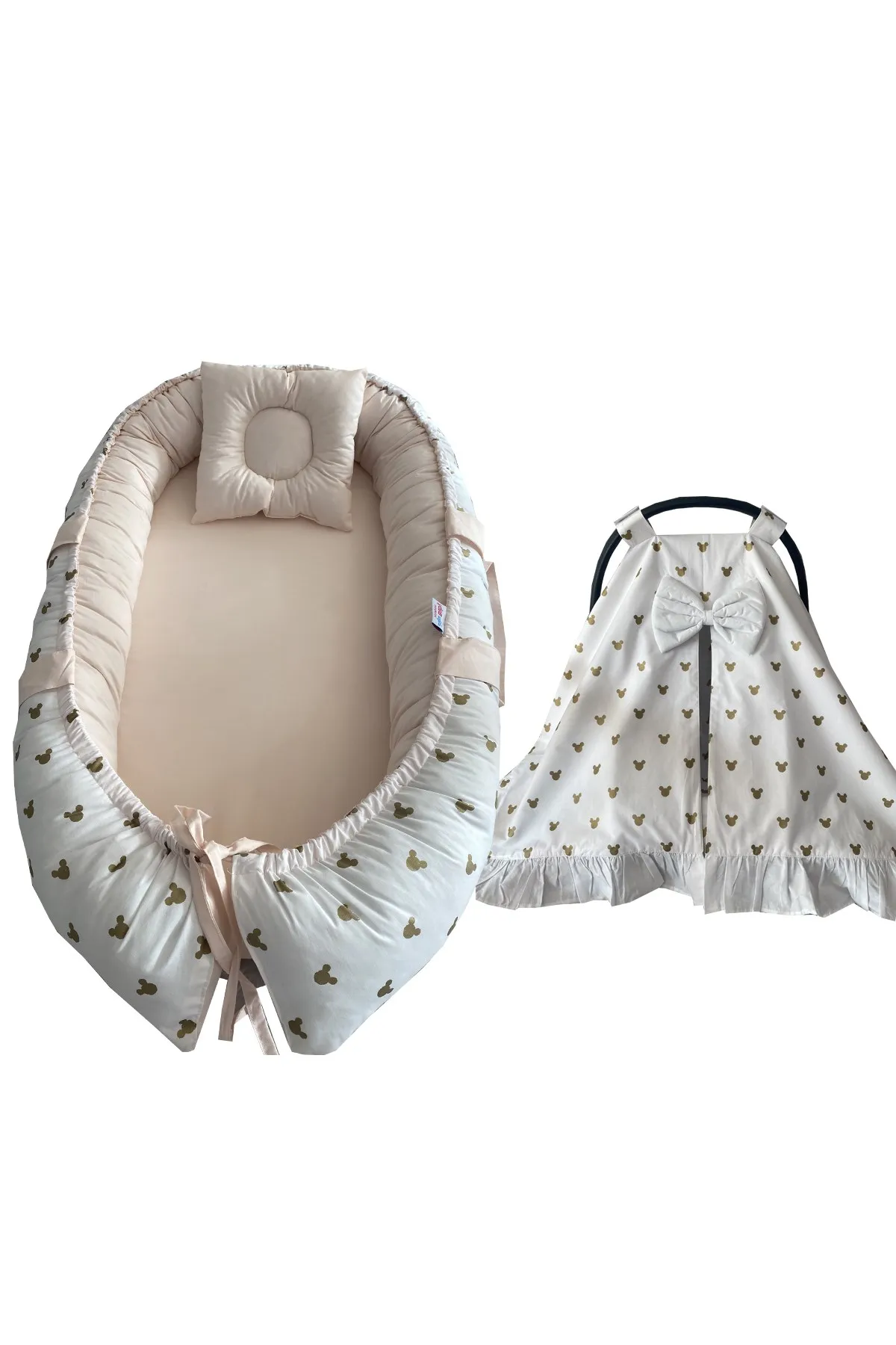 Jaju Baby Handmade Gold and Salmon Fabric Luxy Orthopedic Babynest and Stroller Cover 4 Pieces Set Mother Side Portable Baby Bed