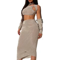 hollow patchwork womens 2 piece long sleeved short top off the shoulder mid length skirt tight sexy streetwear 2021 summer