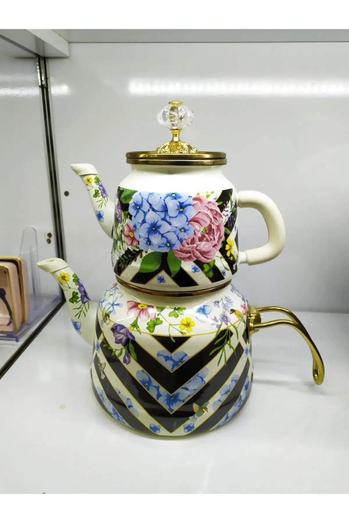 

Vintage Europian Style Enamel Teapot Antiq flowering Coffee Pot Middle East Tea Kettle Turkish Made 4 Pieces