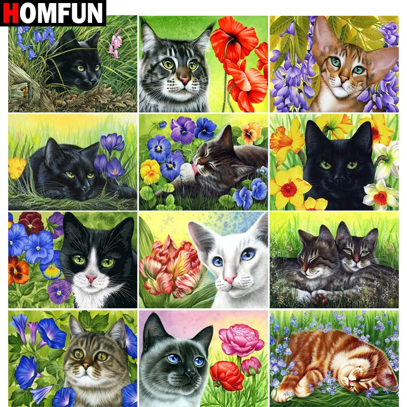 

HOMFUN 5d Diamond Painting Full Square/Round "Cat Flowers" Picture Of Rhinestone DIY Diamond Embroidery Home Decor