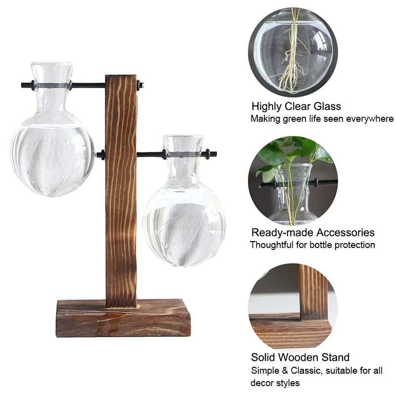 Terrarium Hydroponic Plant Vases Vintage Transparent Flower Pot Wooden Frame Glass Hanging Pots Tabletop Plants Home Bonsai |