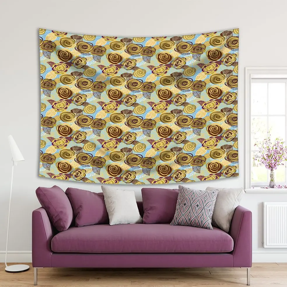 

Tapestry Romantic Summer Rose Flower Garden Blue Sky Sunny Day Fun Artwork Green Brown Purple