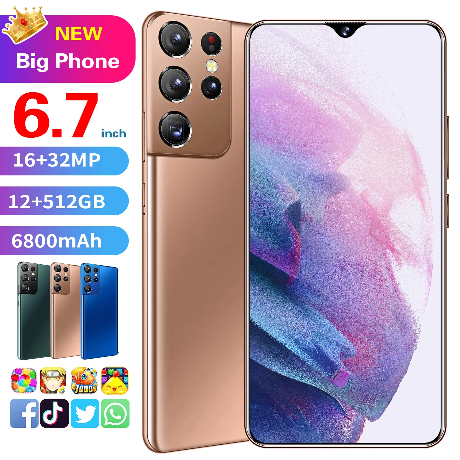Смартфон глобальная версия S21U 6 7 дюйма Android 10 12 Гб ОЗУ 512 ПЗУ 6800 мАч разблокировка