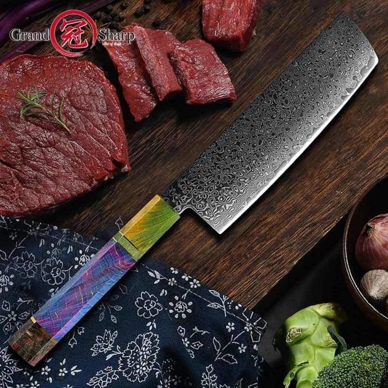 Нож шеф-повара японский накири из дамасской нержавеющей стали 7 дюймов 67 слоев VG10