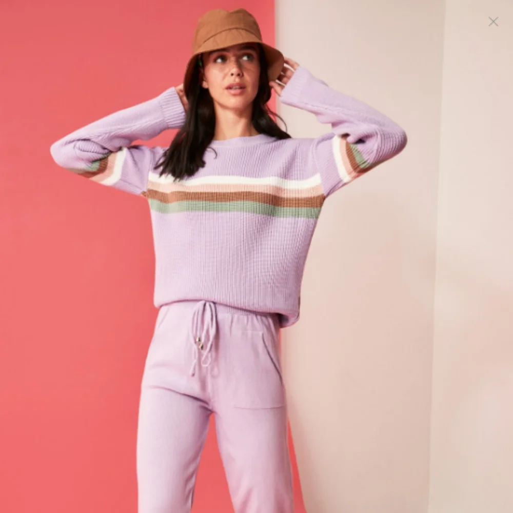 

2021 Women Lilac Striped Knitwear Sweater Pant Sub-Top Suit outwear Home Wear soft fashion knitted 2 piece sweater pants green