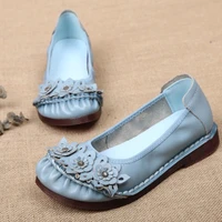 2022 floral vintage brand shoes for women genuine leather ethnic flats blue womens loafers summer moccasins woman ballet shoes