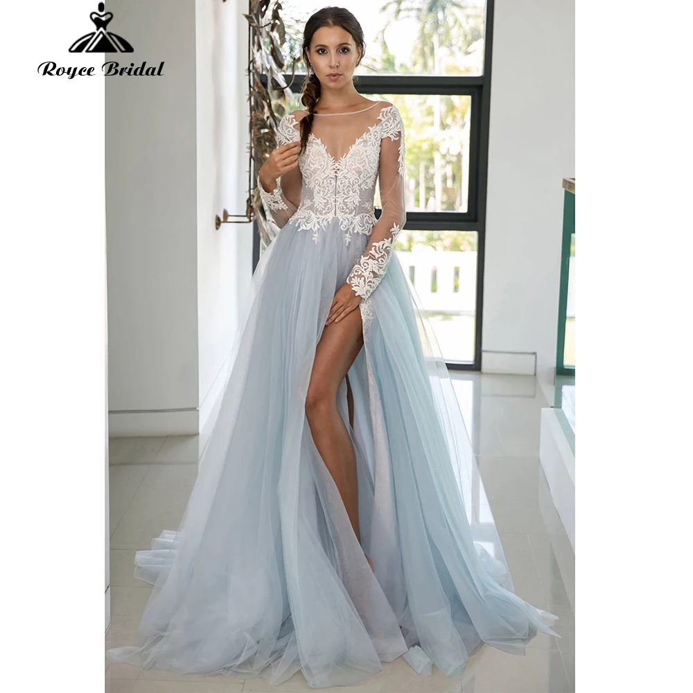 

Сексуальные свадебные платья с высоким разрезом, свадебные платья из 2022 тюля с длинным рукавом, пуговицами и шлейфом с V-образным вырезом, кр...