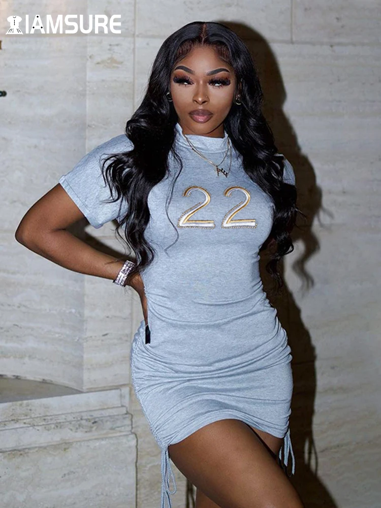 

IAMSURE Sporty Activewear Drawstrring Bodycon Dress Casual Streetwear Short Sleeve O-Neck Mini Dresses For Women 2022 Summer