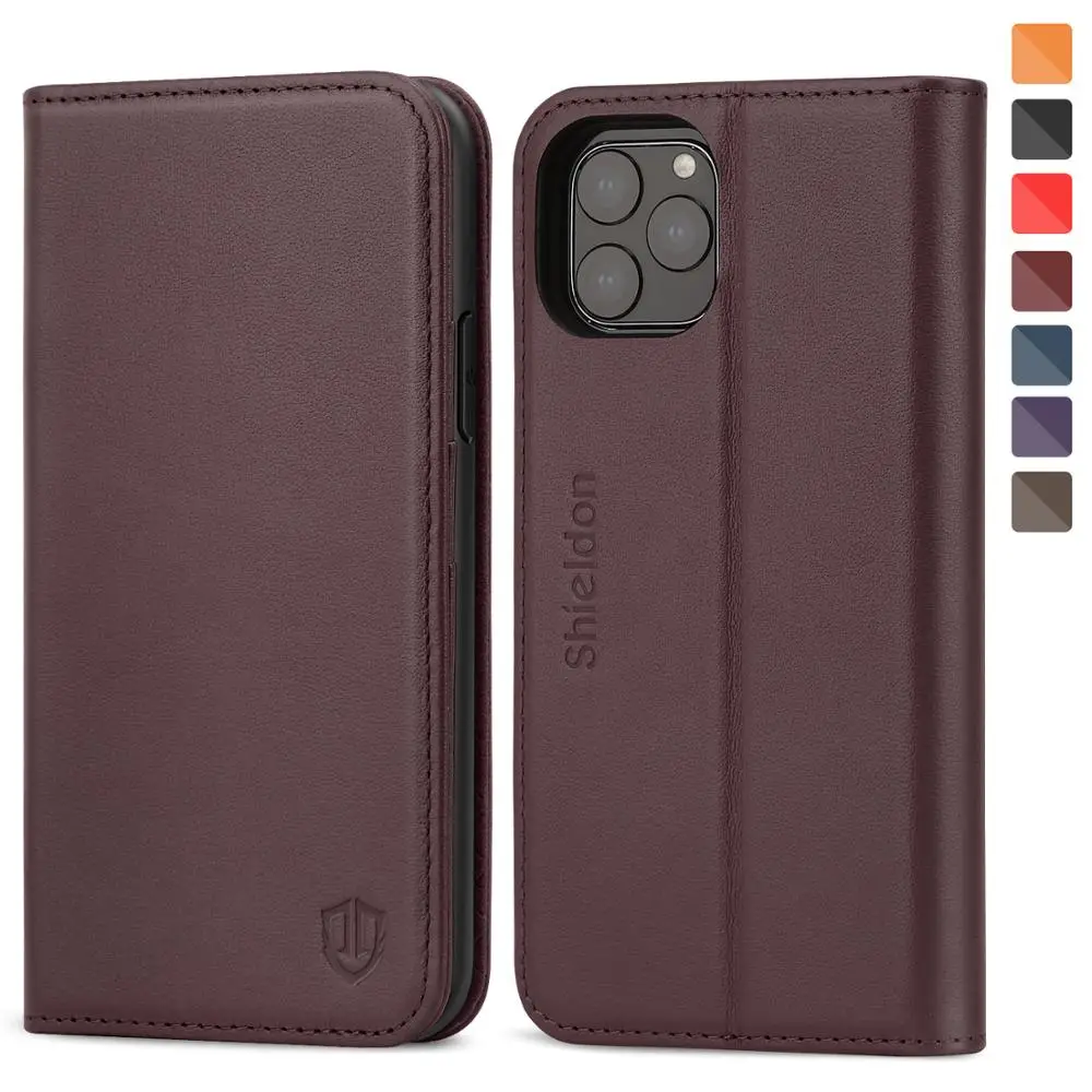 Wine Red SHIELDON Чехол-бумажник для iPhone 11 Pro 5," Натуральная кожаные с отделениями для карт с подставкой и магнитной застежкой с функцией блокировки Rfid чехол - Цвет: Wine Red