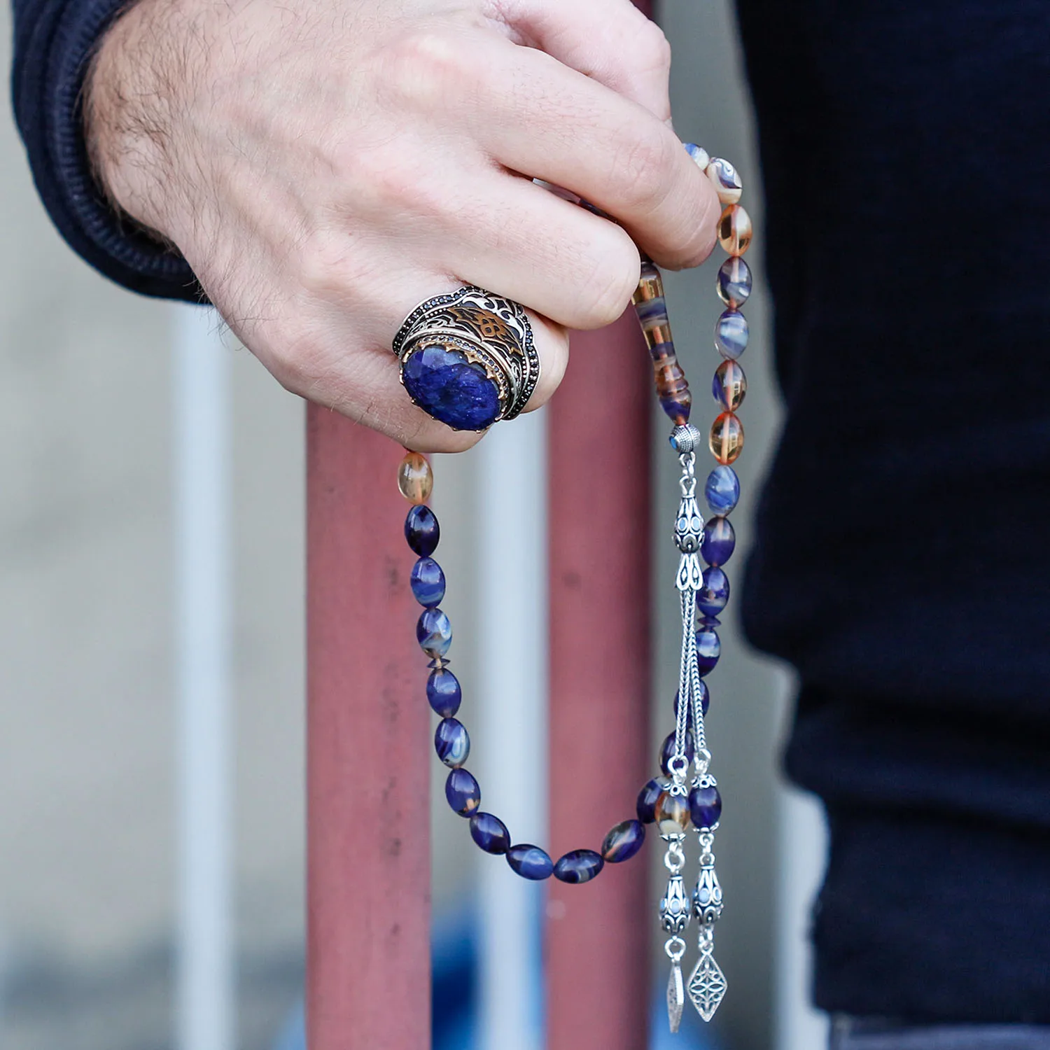 

Серебряный дизайн сапфировый синий затянутый Янтарный Tasbih модная Турецкая Высококачественная ручная работа Jawelery