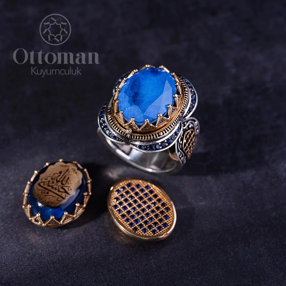 Hasbi Allah-Silberne Blaue Bernstein-Stein-Männer-Ring-3-Kopf-Wechselnde Kopfbedeckungen Mit Einem Körper İslamic Gifts For Him