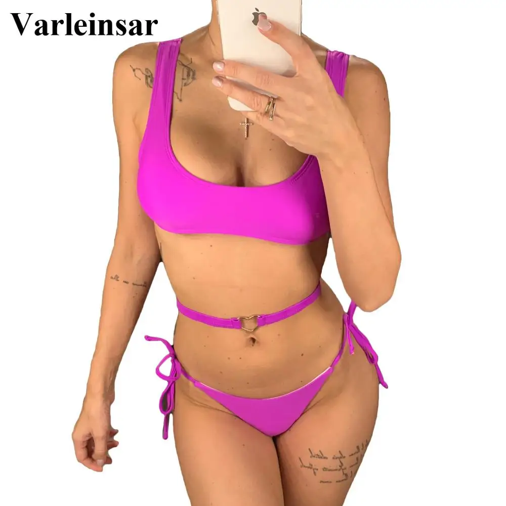 Женское Бразильское бикини V1665 черно фиолетовое для плавания комплект из двух