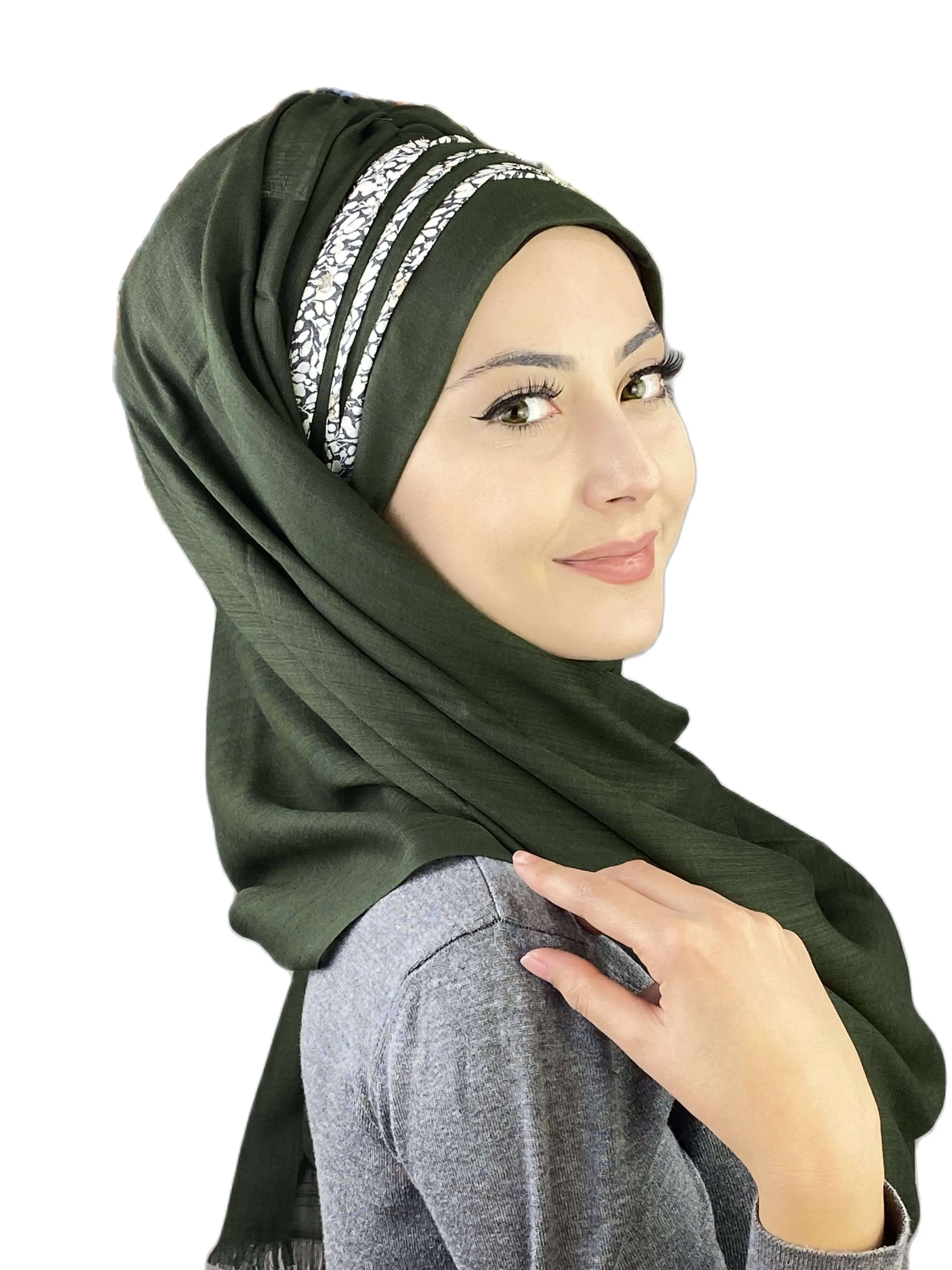 2022 Hijab Women's Hat Spring Summer New Fashion Islam Scarf Bonnet Muslim Glittery White Spotted Dark Green Cross Draped Shawl