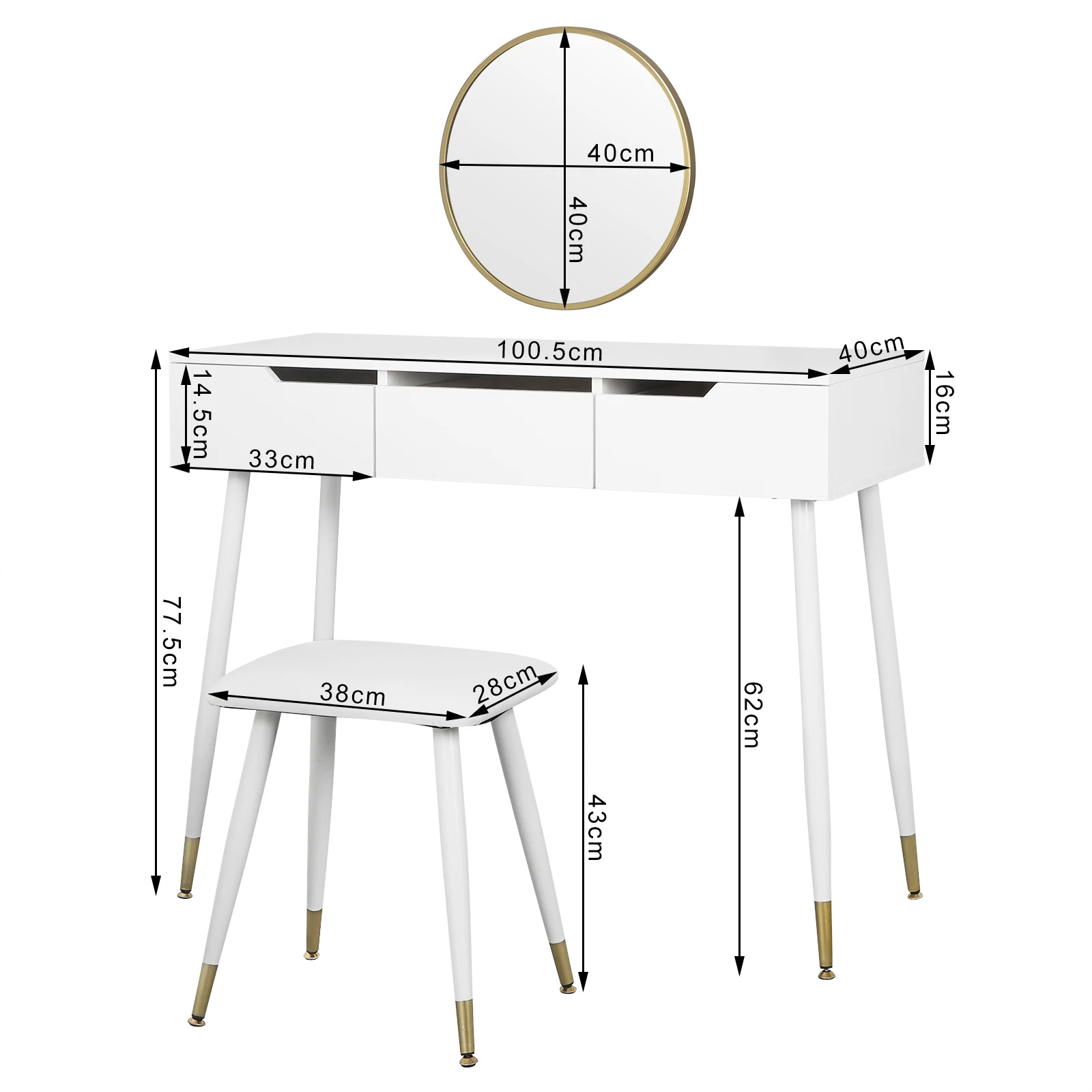Белый туалетный столик с табуретом зеркальные шкафы 3 ящиками современный
