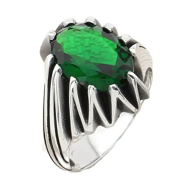 

Space Ship Inspired Sterling Silver Men's Ring with Oval Green Zircon Raw Gemstone Jewelry Gift for Wedding Anniversary for Dad