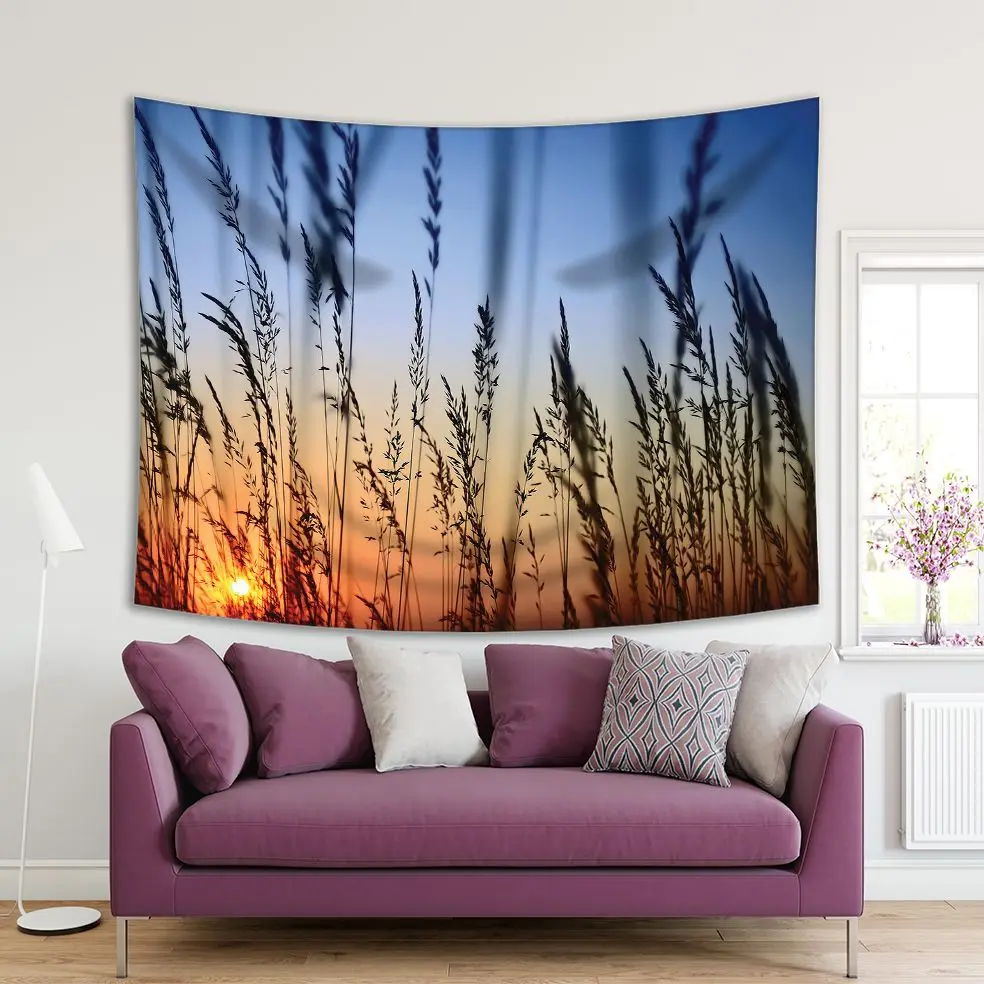 

Tapestry Romantic Sunset Landscape Scenery with Tall Grasses Blue Sky Orange Horizon Photo Printed