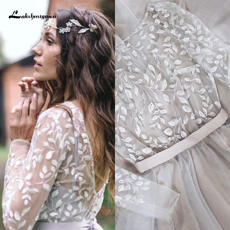 

Boho V-neck Open Back Sashes Leaves Lace A-Line Wedding Dress 2022 Netting Bride Gown Full Cap Sleeve Sweep Button Floor-Length