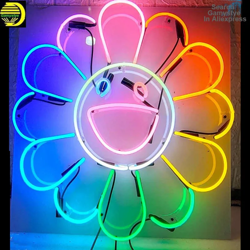 

Custom Smiley Sun Flower Glass Neon Light Sign Beer Bar Neon Sign for Rainbow Sun Flowers Smile Big Mouth Room Decor Home Lamps