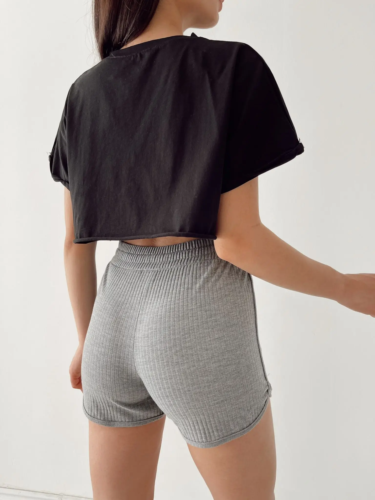 

New Women's Trend Women 2021 Summer Jersey Ribbed Basic Shorts Gray Hot Sale