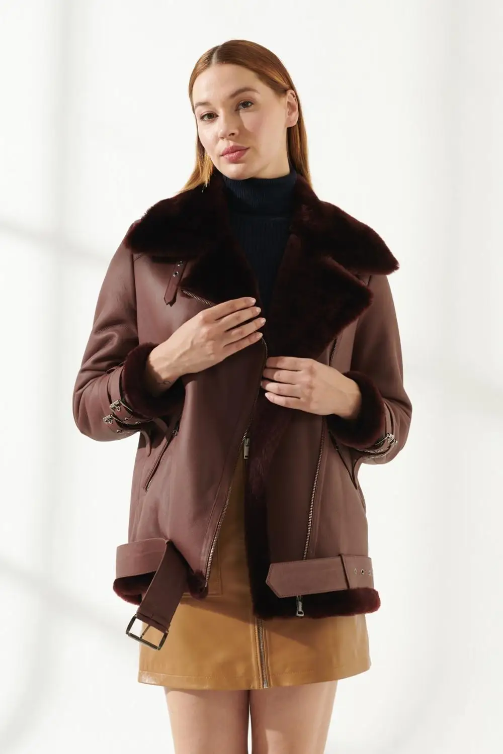 Women Fur Coat Wool Winter Brown And Burgundy Leather Jacket Genuine Sheepskin Slim Fit Biker Coats Keep Warm