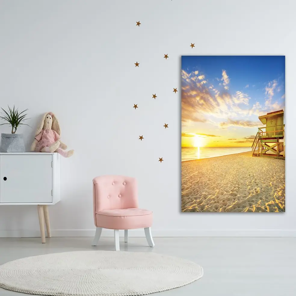 Tapestry Miami South Beach Sunrise Lifeguard with Tower Coastline Colorful Cloud Scenery Blue Yellow Beige | Дом и сад