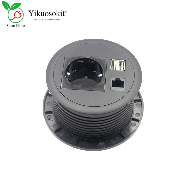 

Black Shell Furniture Round SCHUKO EU Plug Desktop Power Socket 5V 2.1A 2 USB Charging Port RJ45 Network Electrical Outlet