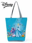 Сумка с принтом Принцессы Диснея, наплечная сумка для девочек с героями мультфильмов, женская сумка для покупок, сумка для хранения Золушки, Синяя пляжная сумка