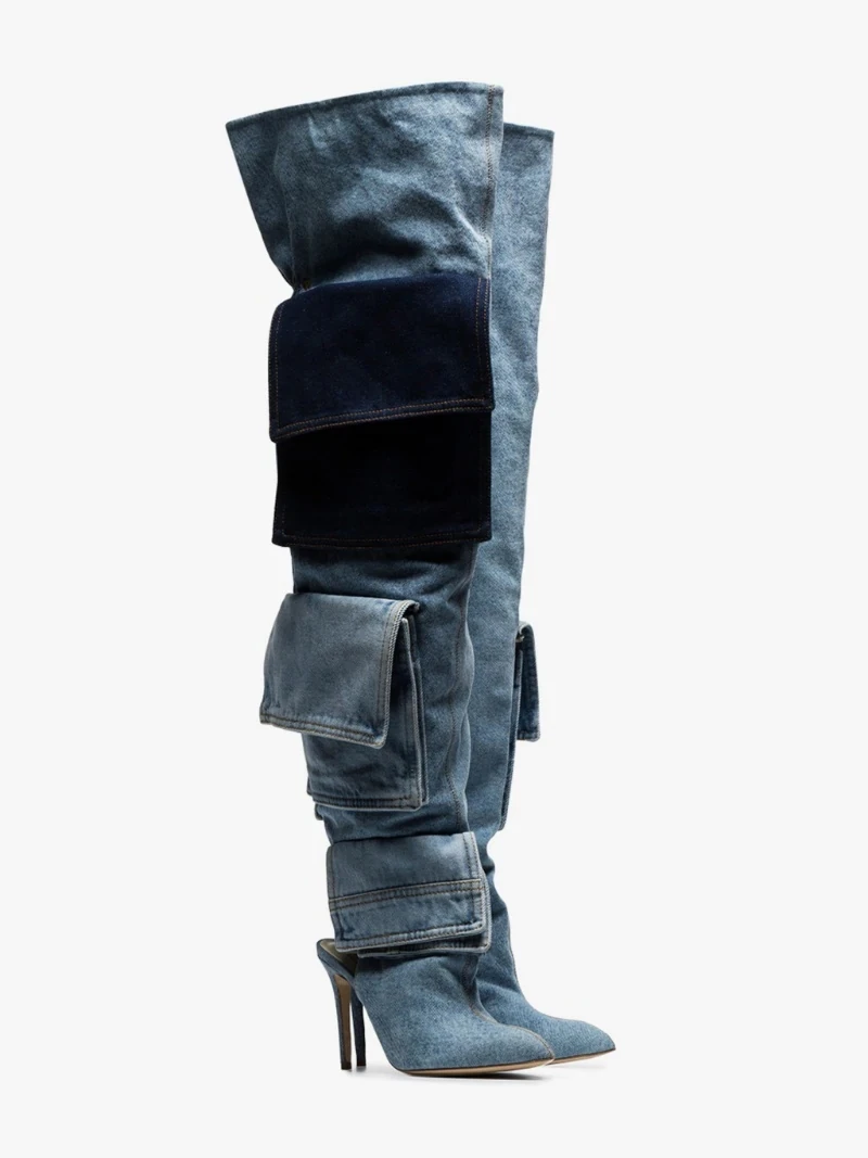 

Women Fashion Fluorescent Color Pocket Thigh High Boots Lady Autumn Over The Knee Boots Pu Sexy Pointed Toe Night Club Shoes