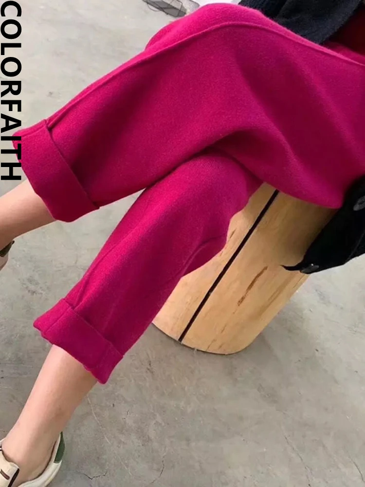 Фото Colorfaith Y2K 2022 шаровары с высокой талией широкие ноги теплые вязаные модные до