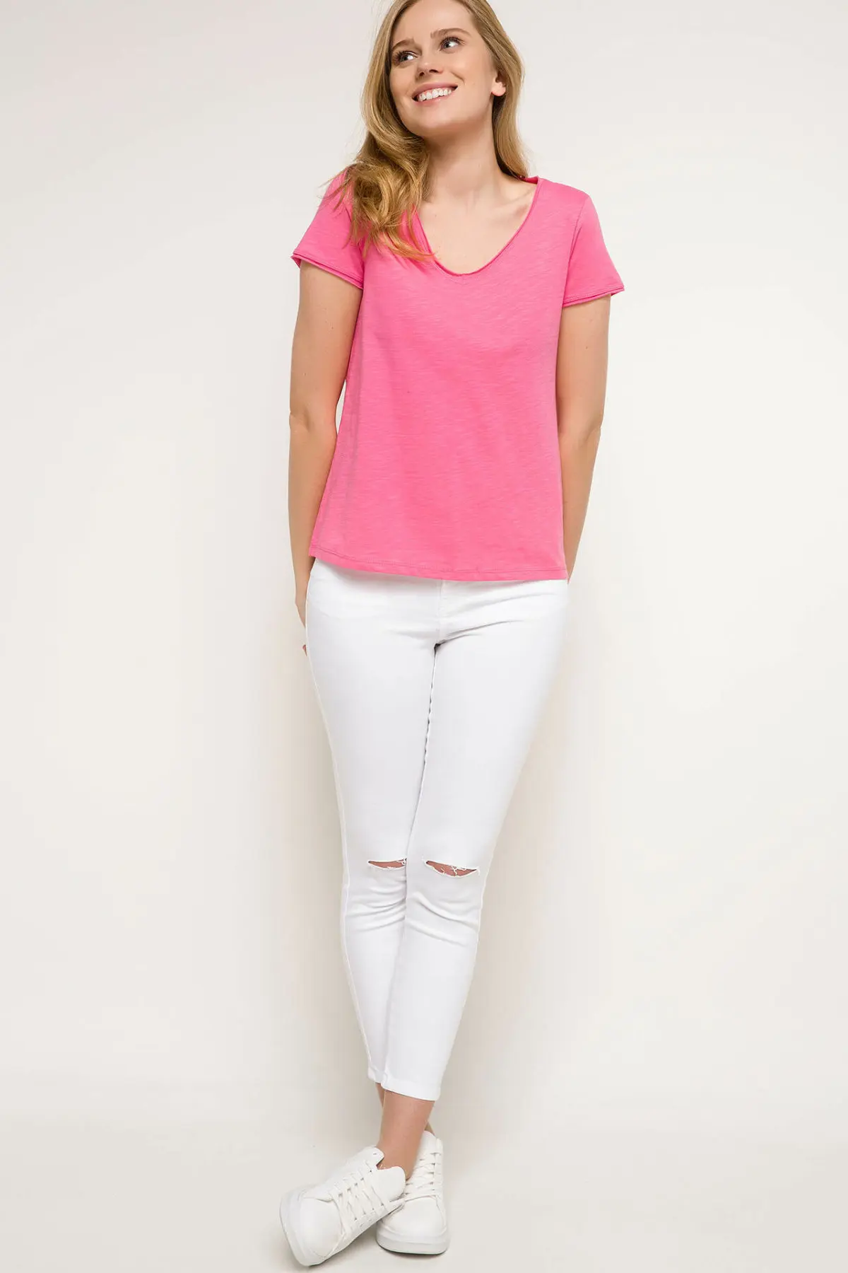 DeFacto женские летние повседневные хлопковые футболки Серый Розовый цвет короткий