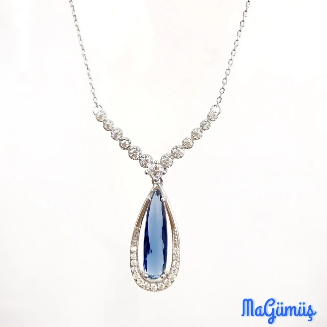 Sapphire Stone Elegant Drop Silver Necklace