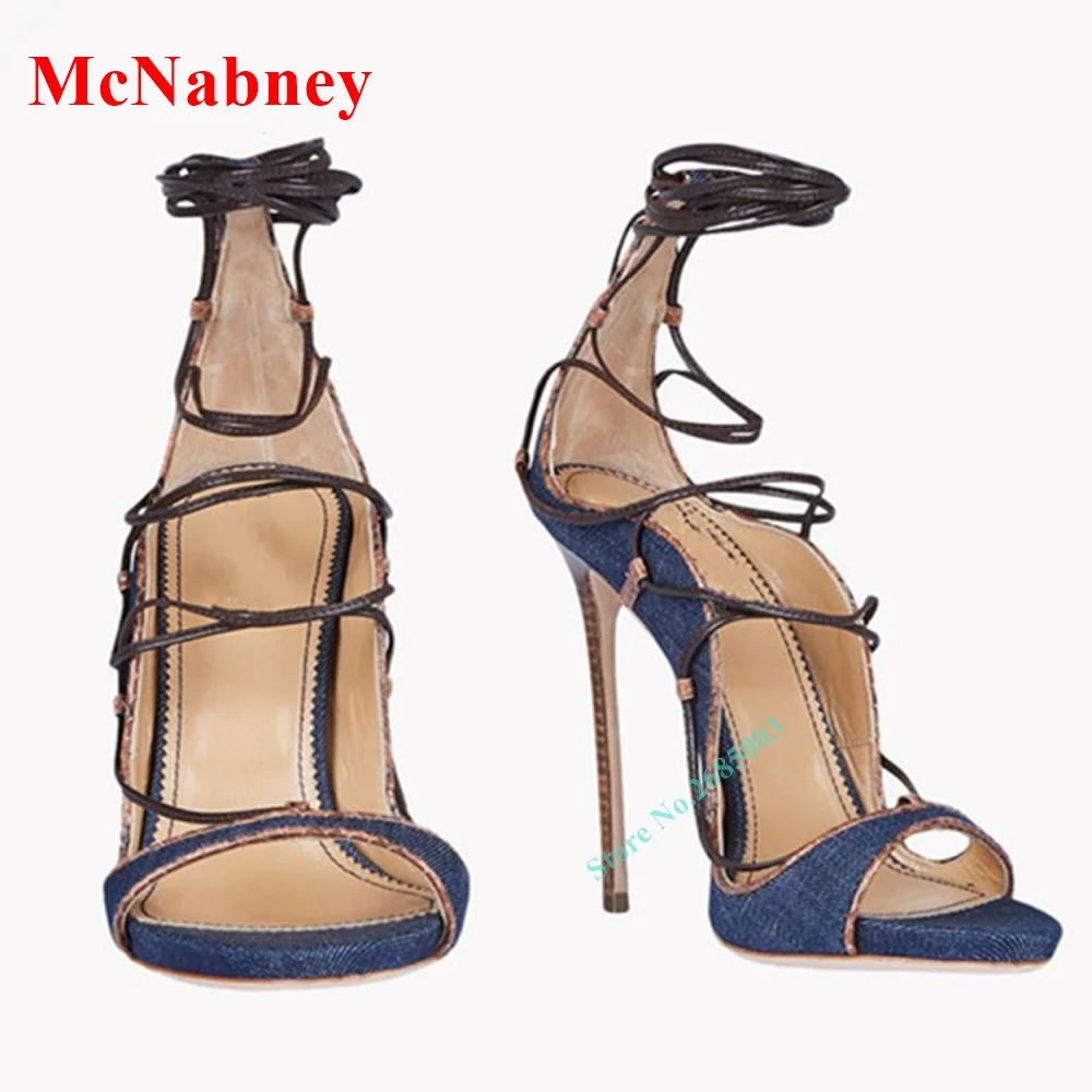 

Open Toe Lace Up Hollow Sandal Solid Stone Pattern Ankle Cross Tied Sandal Women Shoe Summer Party Dress Thin High Heel Sandals