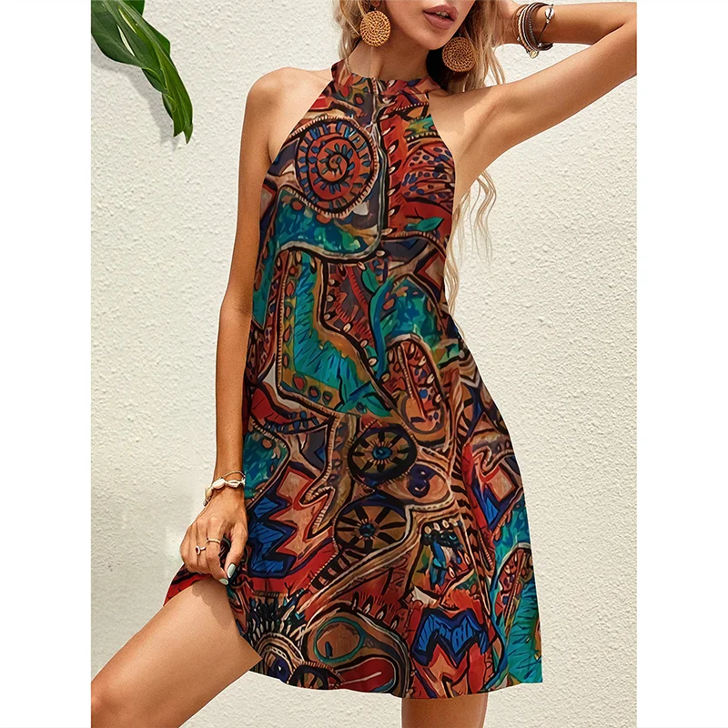 

Vintage Party Dresses Women Elegant Tie Back A-line Skirt Paisley Print Sleeveless Summer Women's Dress
