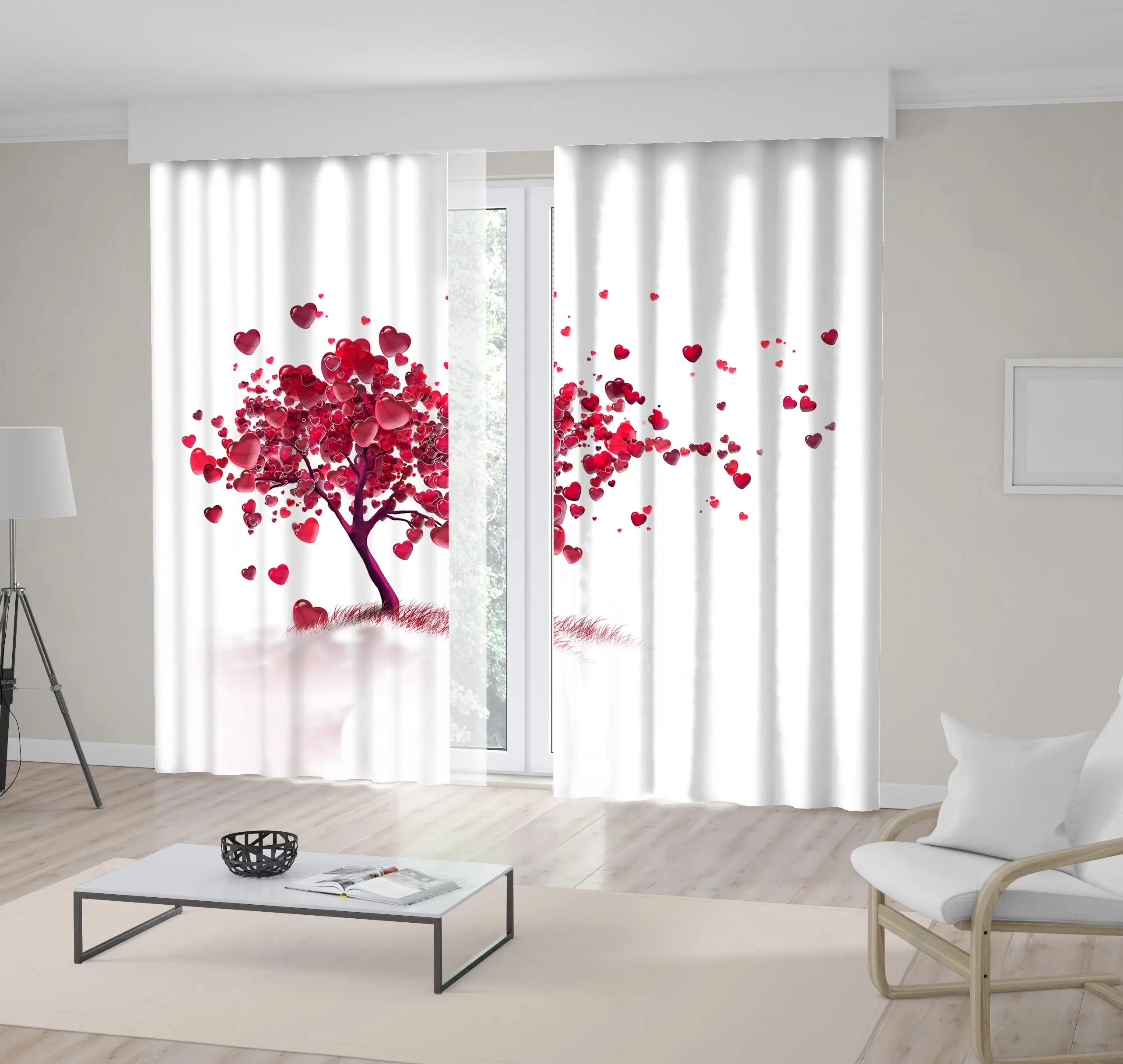 

Curtain Love Tree with Flying Hearts Romantic Nature Happiness Season Decoration Floral Art Red Burgundy White