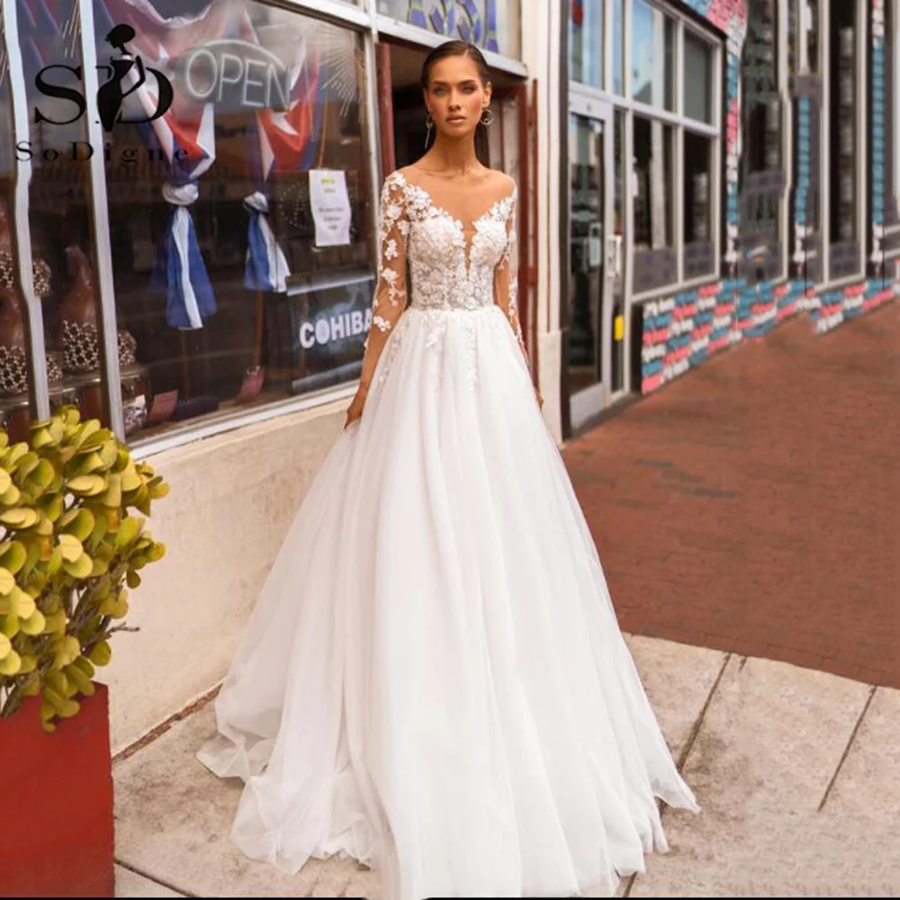 Купи SoDigne Boho Wedding Dresses V Neck Lace Appliques Bride Dress Long Sleeves Princess Tulle Wedding Gown 2022 за 5,282 рублей в магазине AliExpress