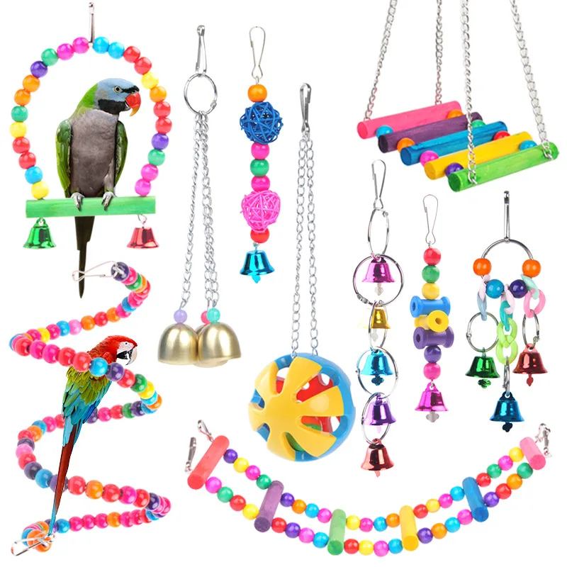 

Parrot Toy Bird Chewing Climbing Toys Bird Cage Toy Swing Bite Bridge Wooden Ball Bell Toys For Parrots Toy 5/6/10 Piece Set