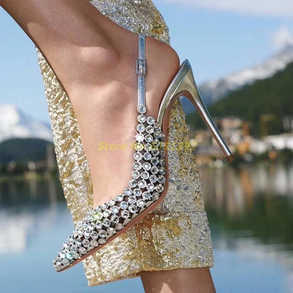 Luxury Crystal Embellished Slingback Pumps High Heel Pointed Toe Shinny Metallic Leather Silver Black Party Dress Shoes