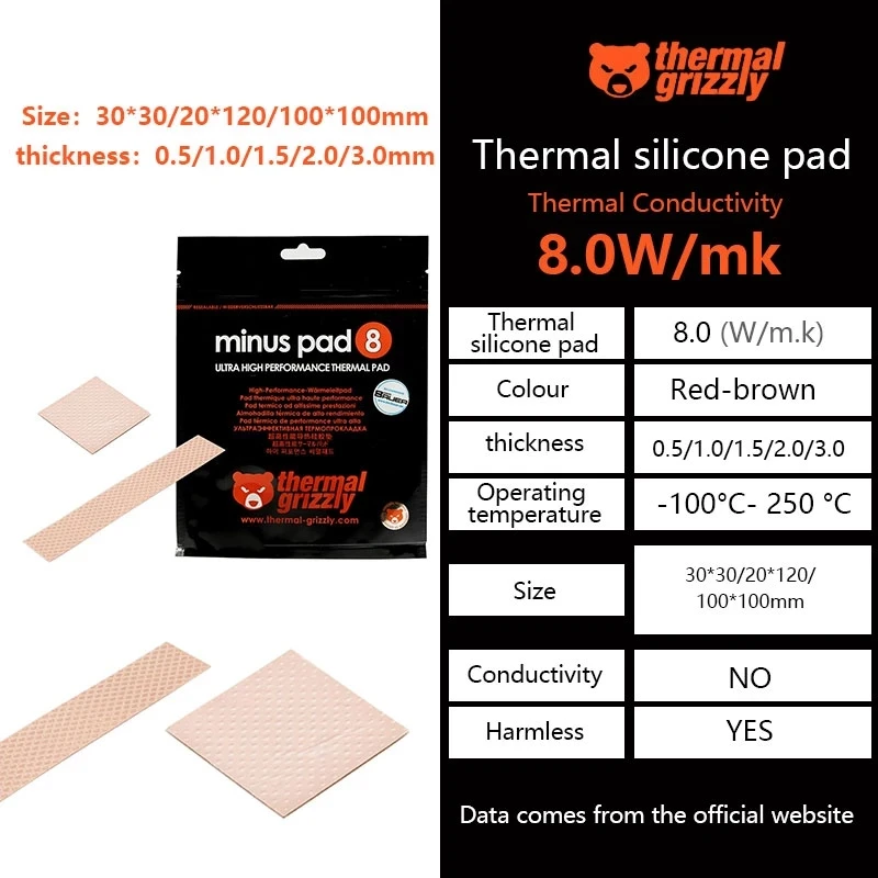 Thermal Grizzly Minus Pad 8 Thermal Pad 8.0W/Mk Motherboard Thermal Silicone Pad Multi-Size CPU/GPU Radiator Thermal Pad