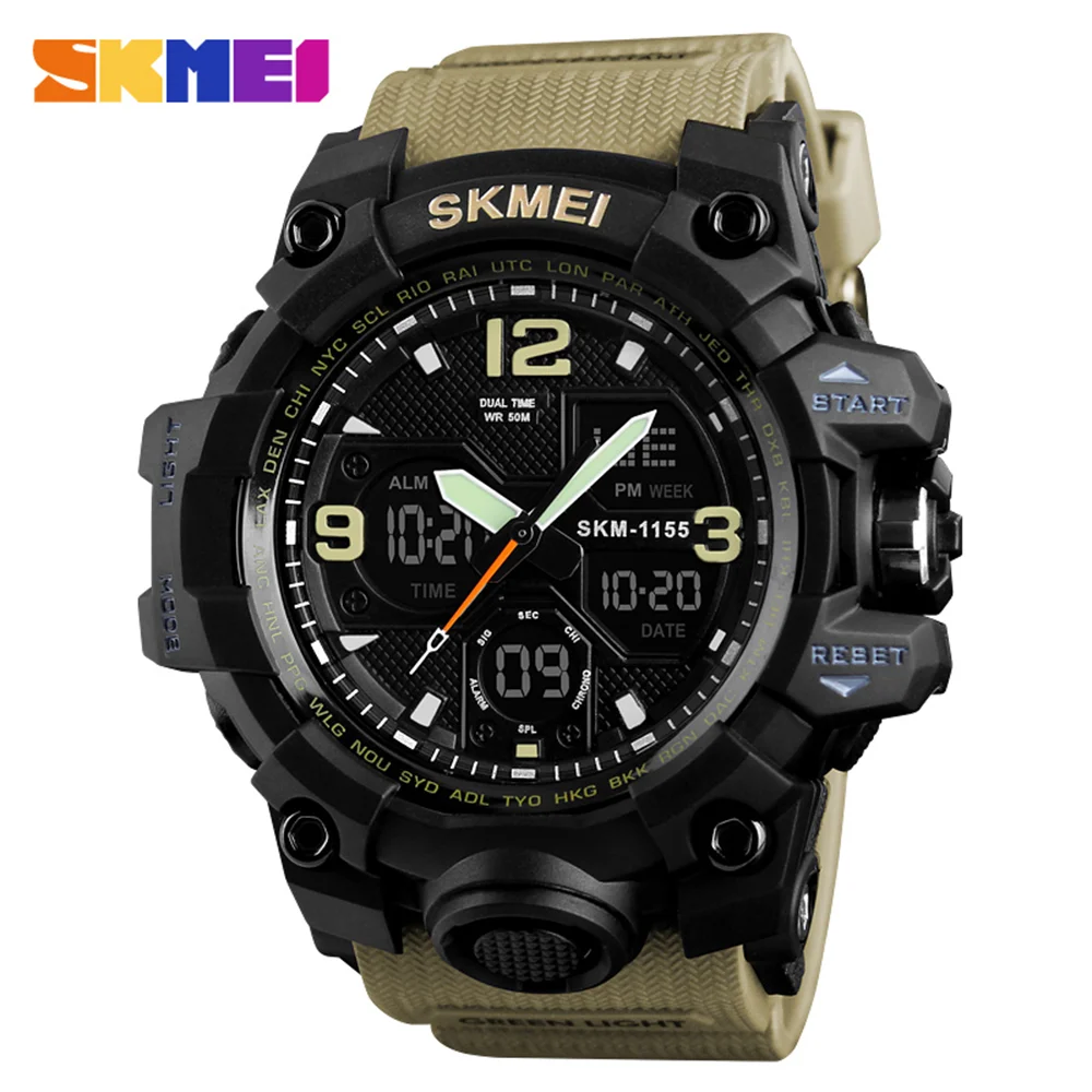 Khaki SKMEI 1155B кварцевые мужские часы цифровые электронные мужские часы модные повседневные спортивные мужские наручные часы водонепроницаемые - Цвет: Khaki
