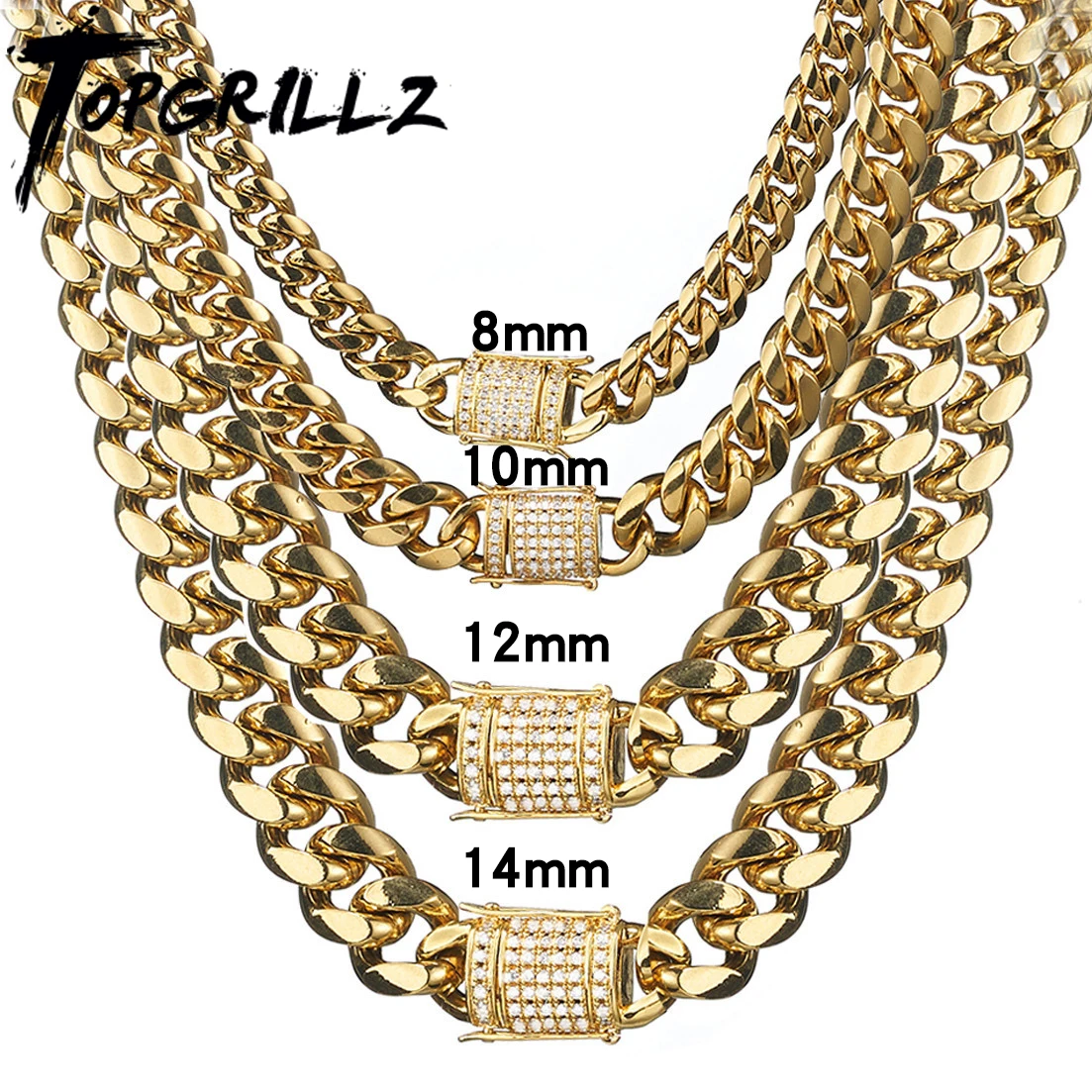 TOPGRILLZ Necklace Bracelet Set 8/10/12/14MM STAINLESS STEEL Gold Miami Cuban Curb Chain Hip Hop Fashion Jewelry Gift For Men