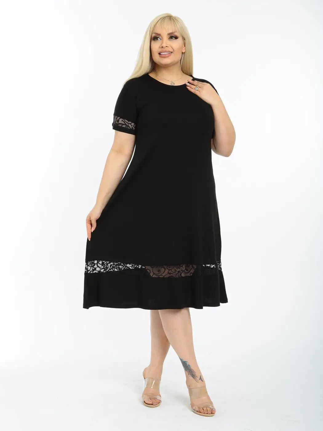 Plus Size Women Clothing 2022 Casual Elegant Dressing Black O-neck A-Line Knee-Length Lycra Knitted Viscose Made in Turkey
